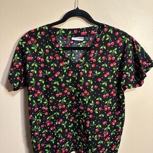 Cherry Print Scrub Top with Pockets